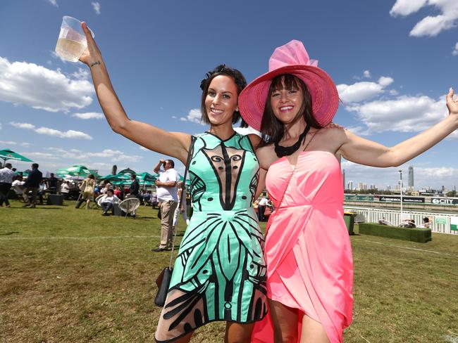 Steffi Crouch and Carly Cullen during Melbourne Cup Day at The Gold Coast Turf Club. Photograph: Jason O’Brien.