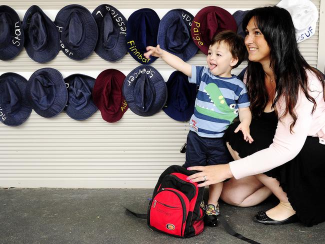 Jasmine Ringland drops off her son Lachlan, 2, at the Betty Spears childcare centre in Tempe. Picture: John Appleyard