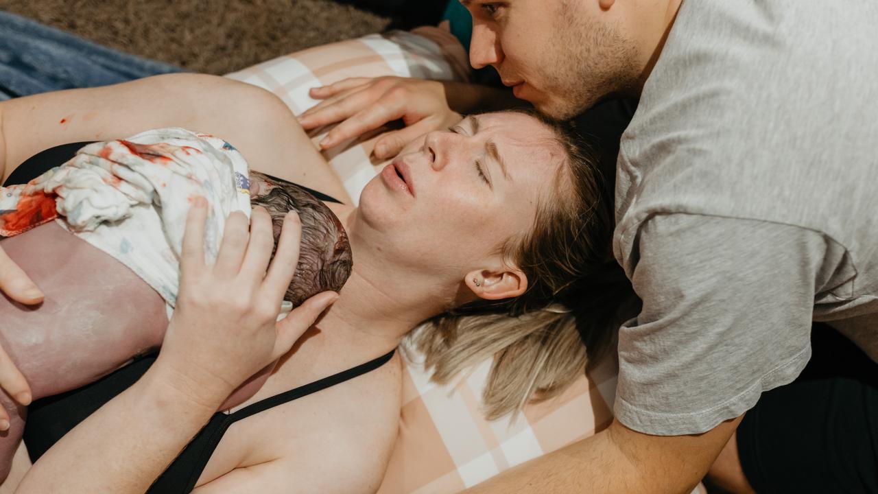 Townsville mum Madison Phillips who gave birth to her baby boy Zavey on her bedroom floor has thanked hero paramedics who arrived just in time to deliver him. Picture: Kacey Maree Photography