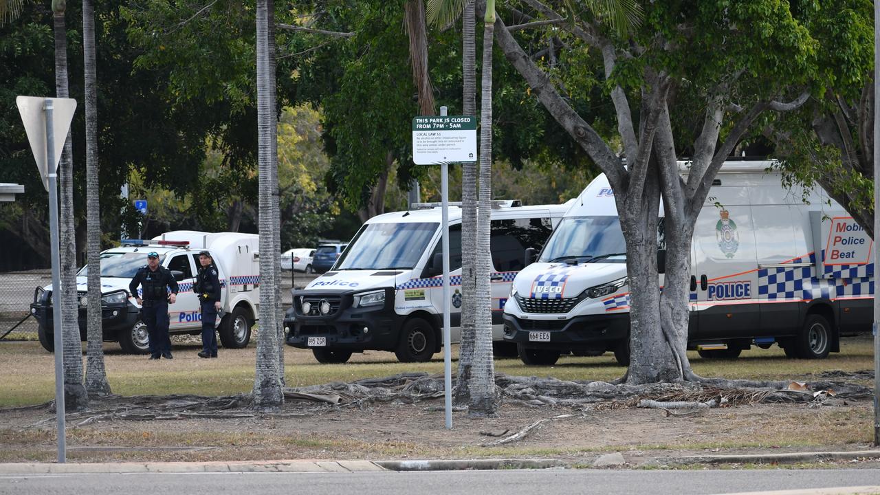 Townsville Police officers on duty. Photographs from Dean Park photographed from Morey and Morehead streets in the centre of Townsville. Picture: Cameron Bates