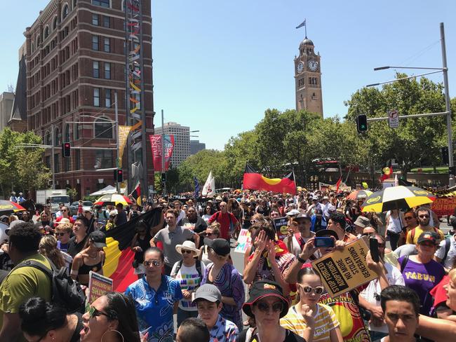 Crowds gather at the Invasion Day rally at Hyde Park, Sydney. Picture: Tim Pascoe 