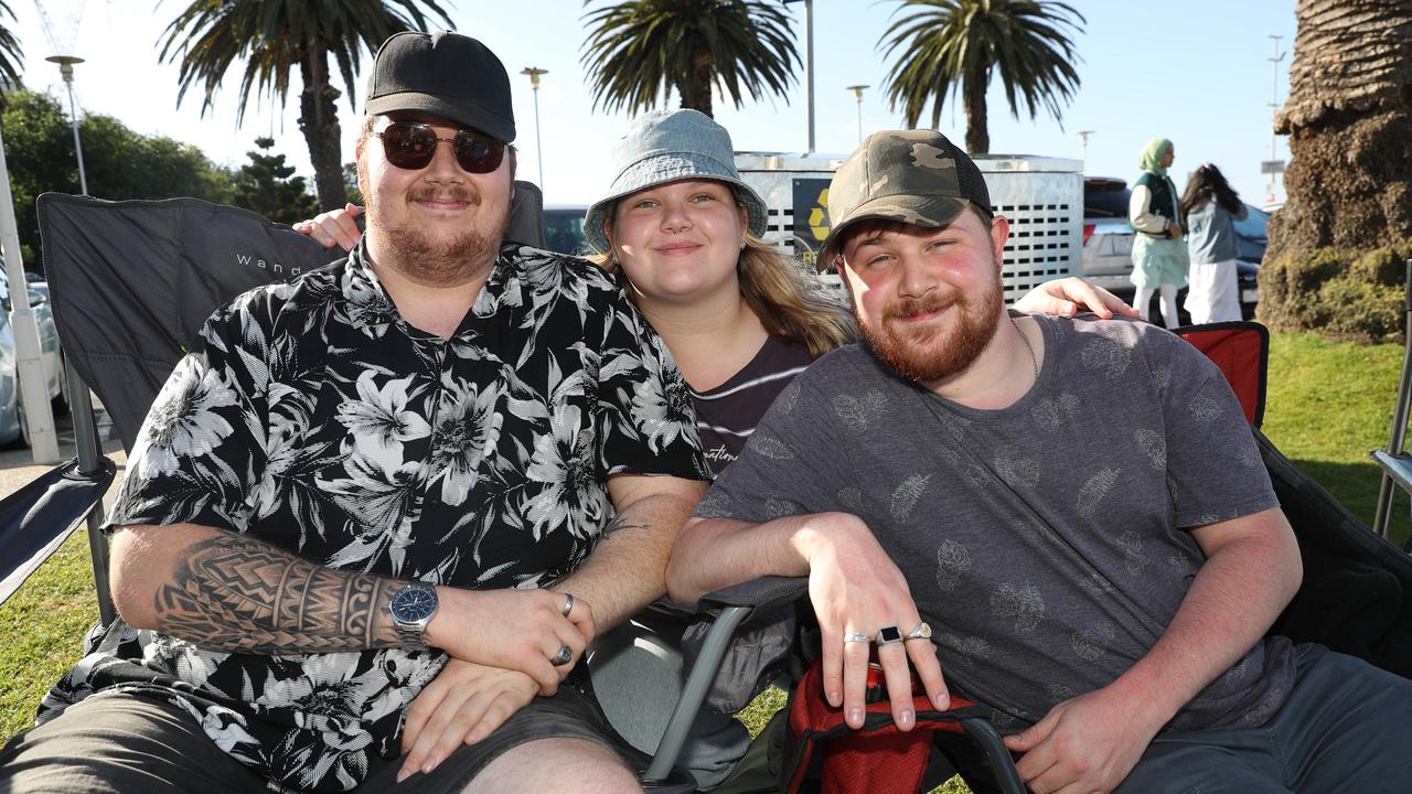 Chris Hinkley, Mackenzie Barker and William Hinkley. Locals and visitors arrived early to get a good spot for the Geelong New Years Eve celebrations. Picture: Alan Barber