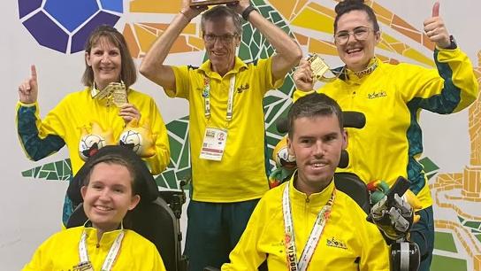 Back (L-R) Amanda Leeson, Ken Halliday and Ash Maddern. Front Jamieson Leeson and Dan Michel at the Boccia World Championships.