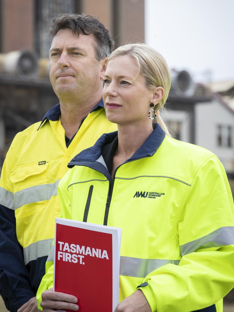 AWU organiser Dave Meers and Labor leader Rebecca White at Nyrstar. Picture: Chris Kidd