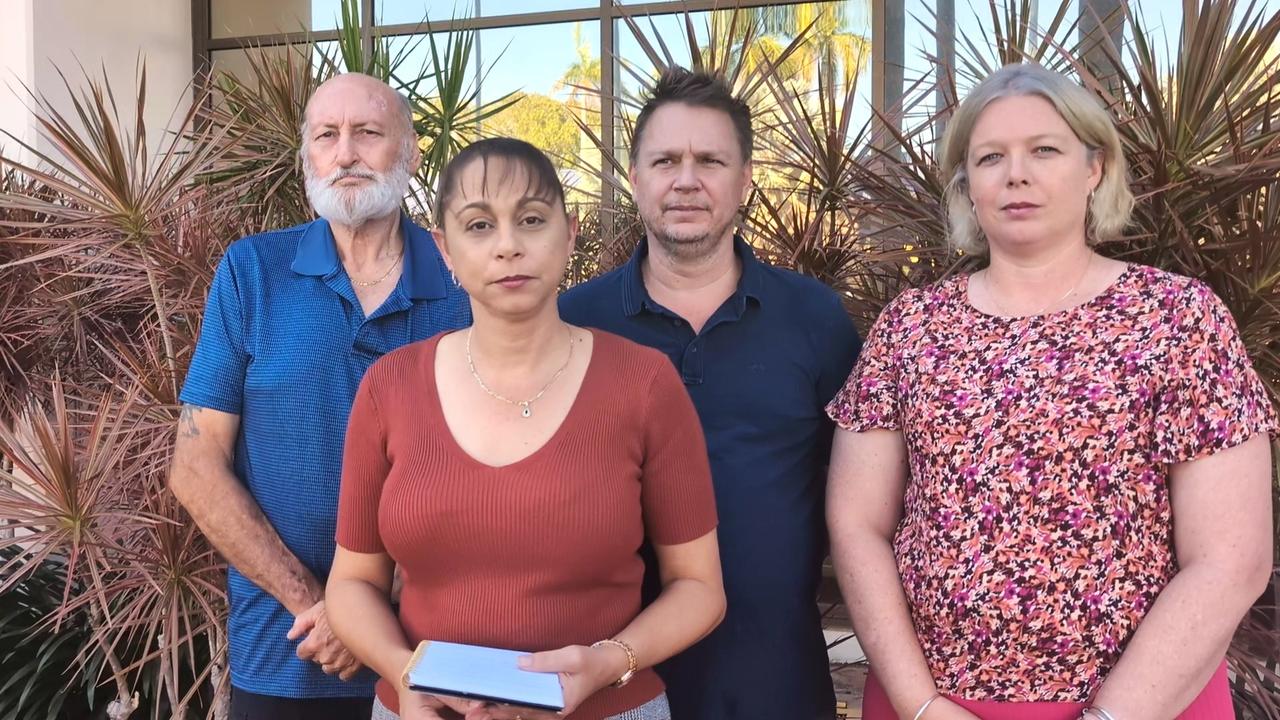 Territory grandmother Judy Smart's daughter Shannon Vickery gives a statement outside Darwin Local Court following the inquest into the 66-year-old's death, joined her father Trevor Smart, left, brother Danial and sister-in-law Tammy.