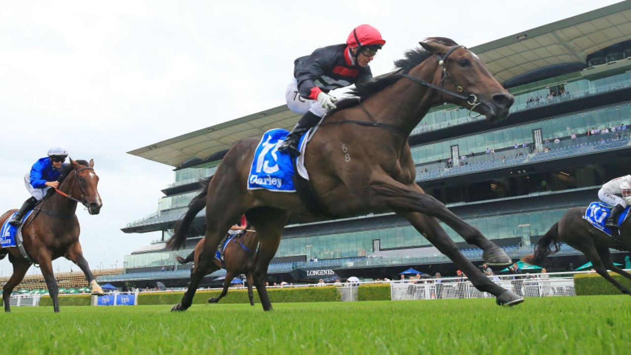 SYDNEY, AUSTRALIA - FEBRUARY 06: Tim Clark on Tilianam (red cap) wins race 1 the Darley Lonhro Plate during Sydney Racing at Royal Randwick Racecourse on February 06, 2021 in Sydney, Australia. (Photo by Mark Evans/Getty Images)