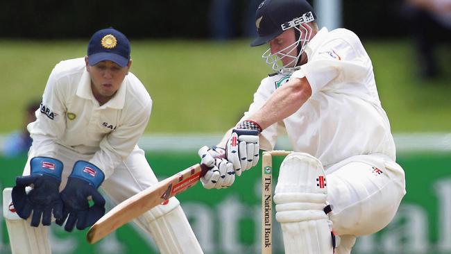 Scott Styris drives during New Zealand’s Test against India in 2002.