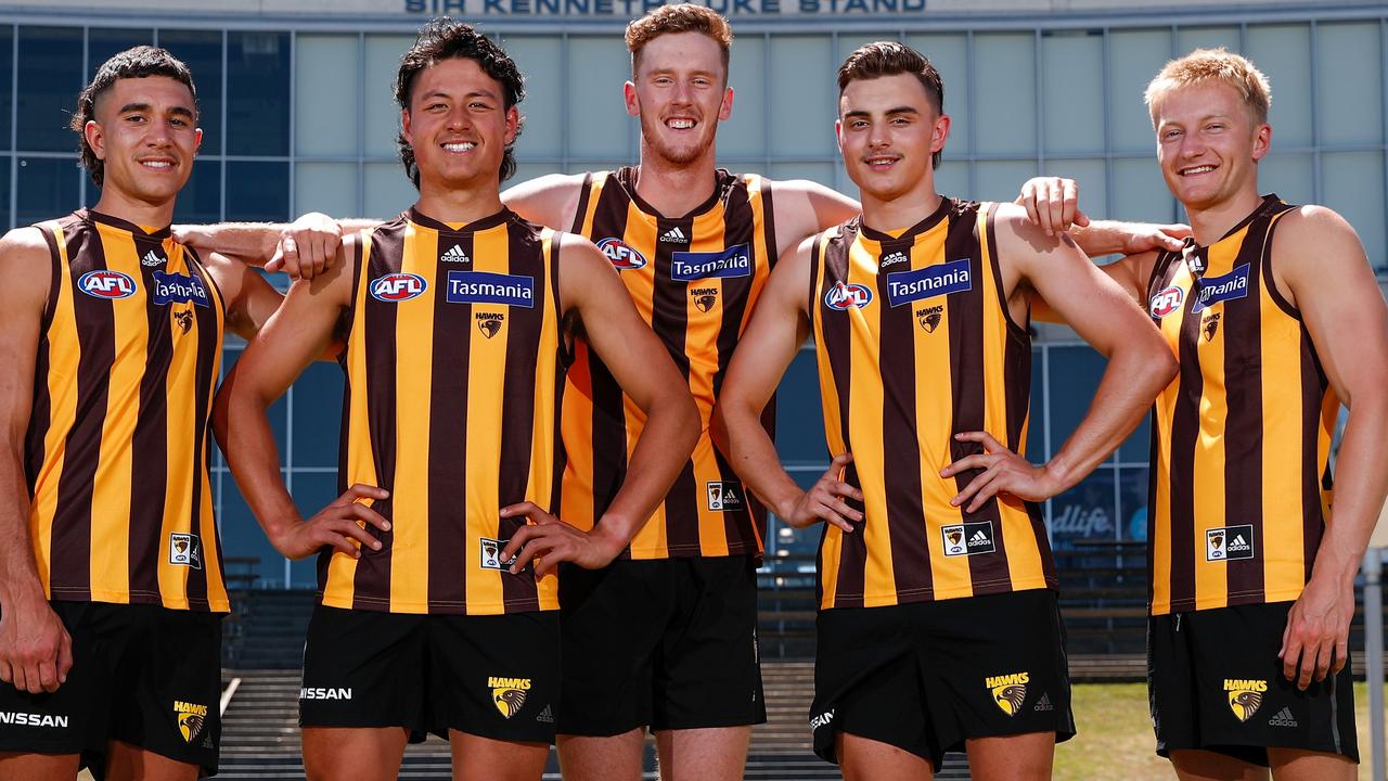 Hawthorn’s bumper draft crop of Tyler Brockman, Connor Downie, Denver Grainger-Barras, Seamus Mitchell and Jack Saunders. Picture: Michael Willson/AFL Photos via Getty Images