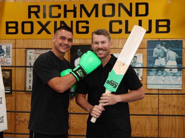 Tim Tszyu and David Warner at Leo Berry’s Gym in Richmond. Picture: Michael Klein