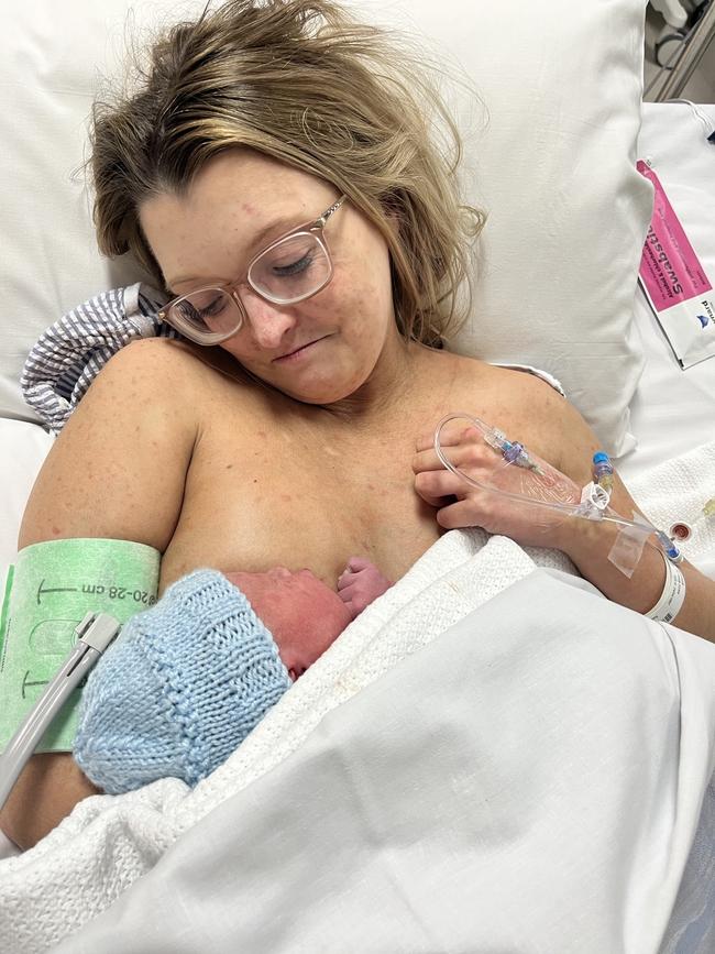Alysha Gleeson with her newborn son at Hobart Private in 2024. Picture: Alysha Gleeson.