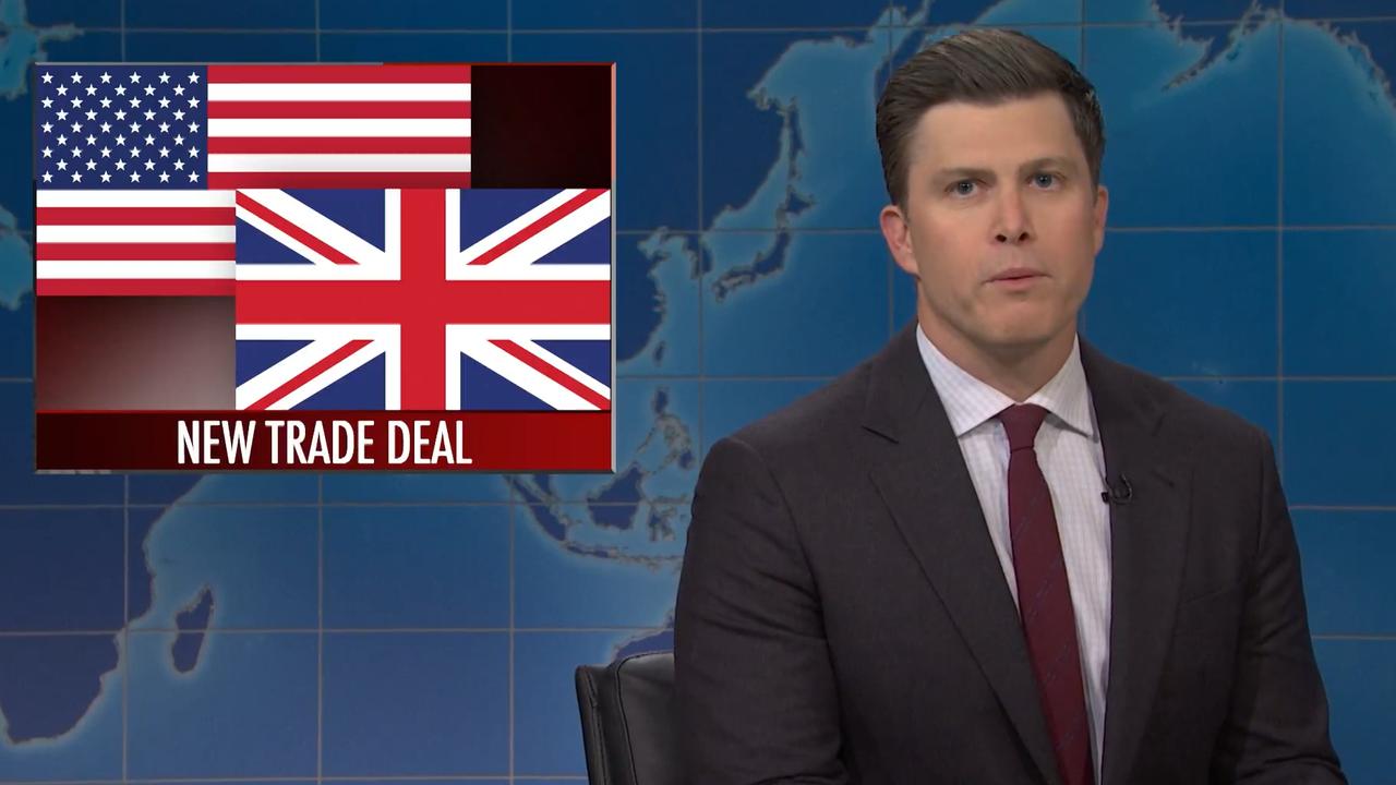 Prince Harry and Meghan were brutally roasted on Saturday Night Live by Colin Jost during his Weekend Update sketch. Picture: NBC