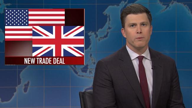 Prince Harry and Meghan were brutally roasted on Saturday Night Live by Colin Jost during his Weekend Update sketch. Picture: NBC