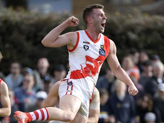 James Hallahan celebrates a goal during last season’s MPNFL Division 1 grand final. Picture: Andy Brownbill