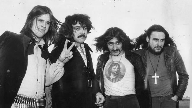 English rock band Black Sabbath arriving at Adelaide Airport, 29 Jan 1971. Here for the Myponga Pop Festival, John (Ozzy) Osbourne, Tony Iommi, Geezer Butler and Bill Ward.