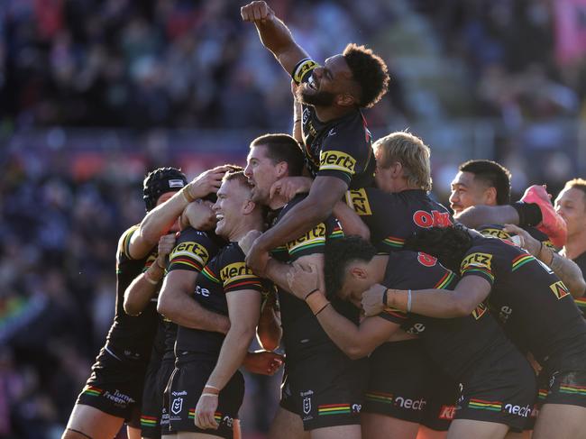 The Panthers celebrate Nathan Cleary’s matchwinning field goal. Picture: Jason McCawley/Getty Images