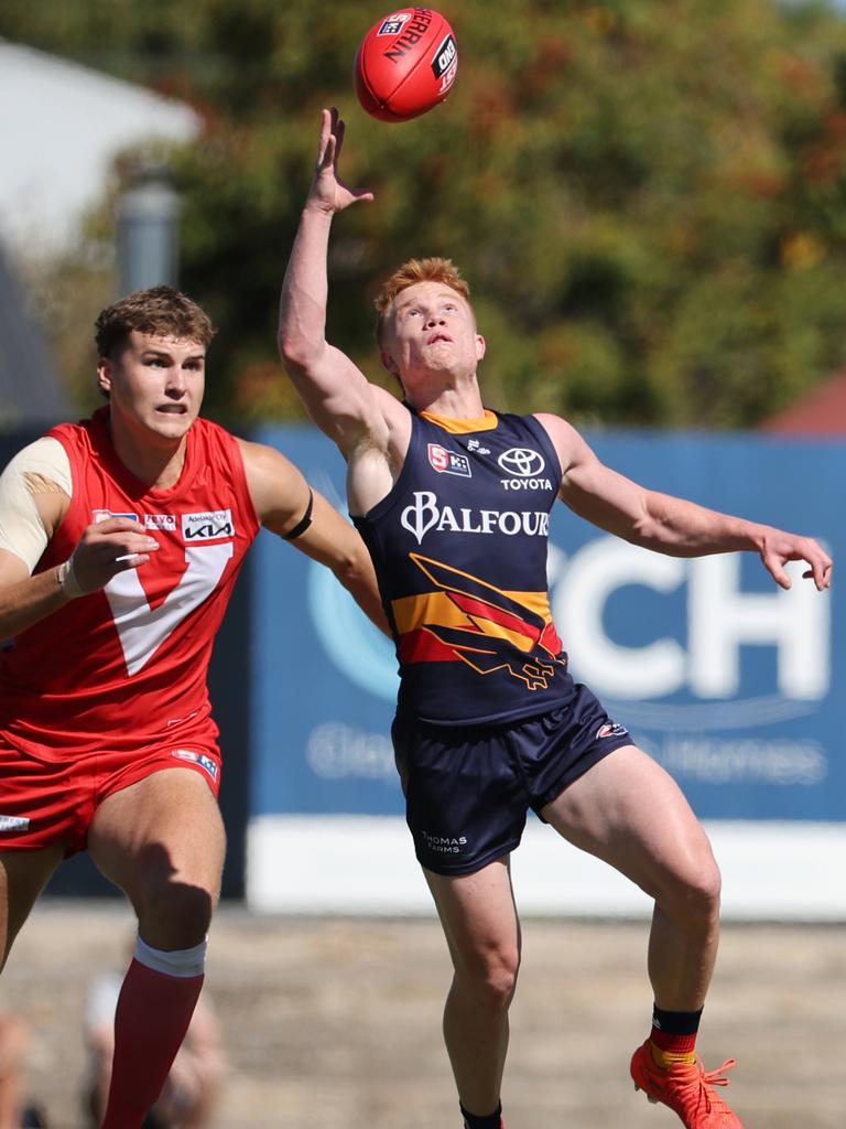Adelaide’s Blake Drury beats North Adelaide’s Alex Van Wyk to the ball in their Round 2 SANFL clash at Prospect Oval. Picture: David Mariuz/SANFL