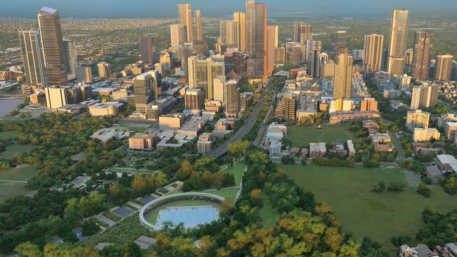 An artist’s impression shows Parramatta swimming pool and CBD.