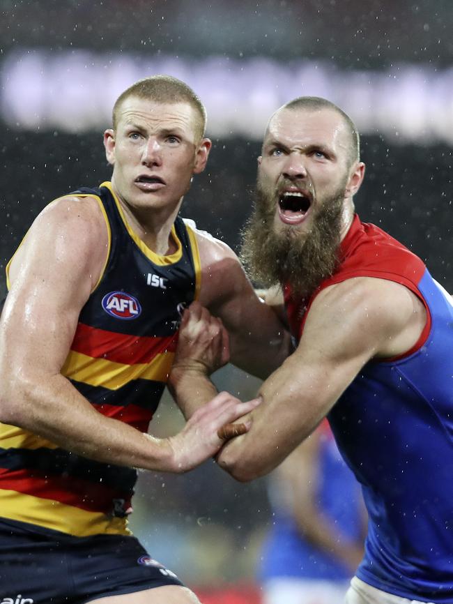 Max Gawn locks horns with Sam Jacobs on Saturday. Picture SARAH REED