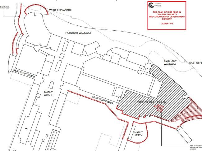 A plan showing the locations of where changes to balustrades and awnings on Manly Wharf will occur.