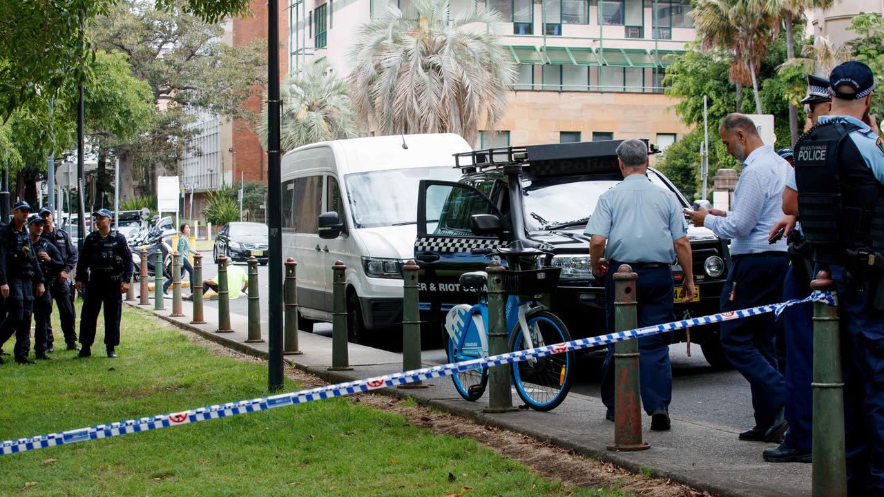 Police outside the NSW Parliament after a man fired a gel blaster resembling a real gun, at Parliament House in Sydney. Picture: NewsWire / Nikki Short