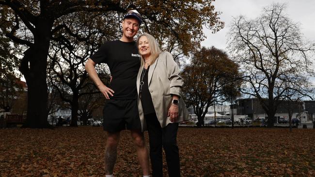 Trent Henderson with mum Mandy Henderson ahead of his final marathon. Trent will complete his 110th marathon in as many days to complete his challenge raising awareness for mental health and charity Speak Up Stay ChatTY. Picture: Nikki Davis-Jones