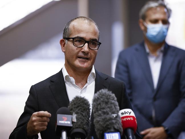 Victorian Deputy Premier James Merlino and the state’s chief health officer Brett Sutton fronted the media on Wednesday, announcing the extension of Melbourne’s lockdown. Picture: Getty Images