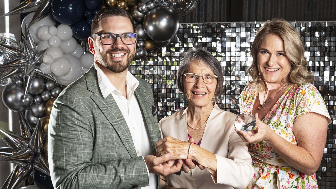 Roslyn Reilly (centre), winner of the Hogans Family Jewellers Diamond Draw, with Lachlan Hogan and Alison Kennedy of Toowoomba Hospital Foundation at the Ladies Diamond Luncheon at The Goods Shed, Friday, October 11, 2024. Picture: Kevin Farmer