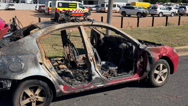 A burnt car which was spotted on the side of Mitchell Highway in Dubbo.