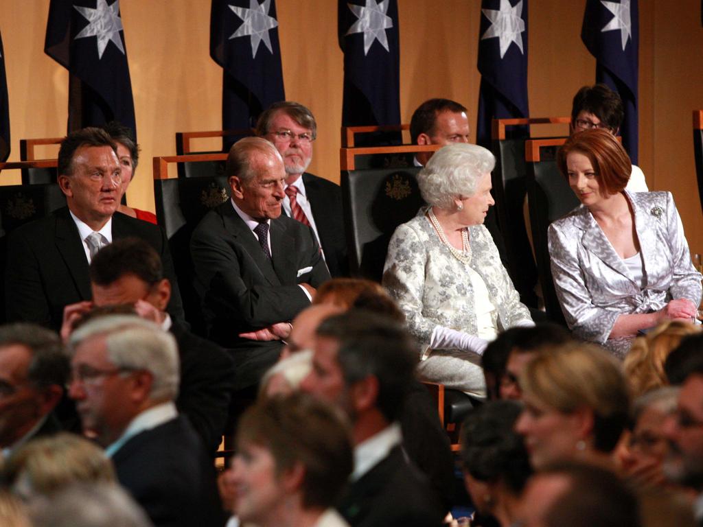 ROYAL TOUR 2011: Her Majesty The Queen ,Elizabeth II and His Royal Highness, Prince Philip ,The Duke of Edinburgh , during a reception held by the Prime Minister Julia Gillard and her partner Tim Mathieson in the Great Hall, Parliament House, Canberra.