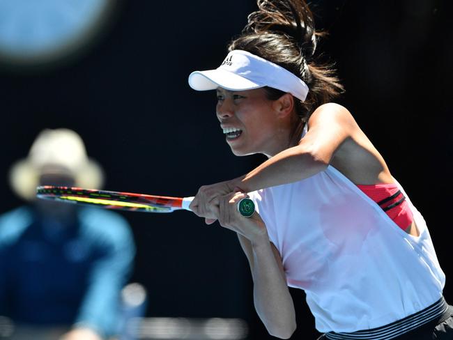 Taiwan's Hsieh Su-Wei hits a return during her surprise victory against Spain's Garbine Muguruza. Picture: AFP