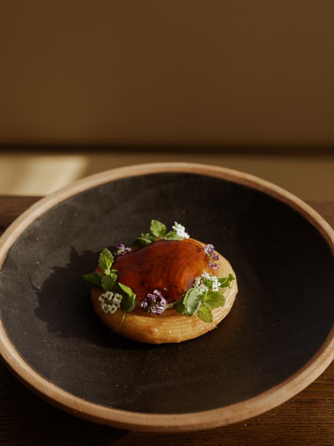 Mooloolaba spanner crab churro (with cucumber, apple and jalapeño). Picture: Mathilde Bouby