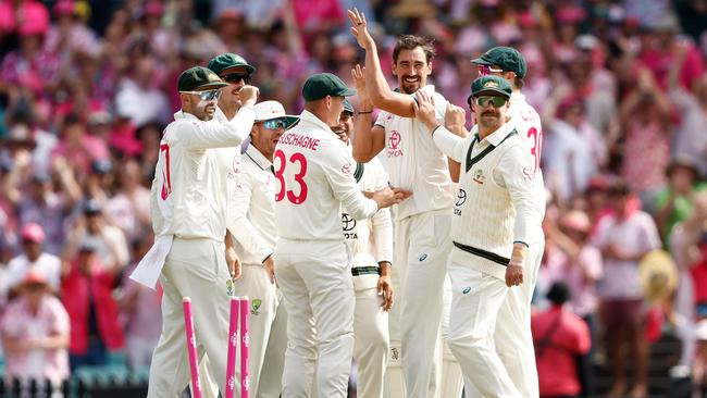 Mitchell Starc shattered the stumps of Abdullah Shafique. Picture: Getty