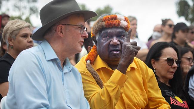 Yunupingu with PM Anthony Albanese at Garma last year. Picture: Melanie Faith Dove.