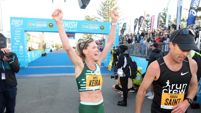 Gold Coast Marathon 2023 winner of Female Half Marathon, American mother of two Keira D’Amato, setting a new US half marathon record in Southport. Picture: Richard Gosling