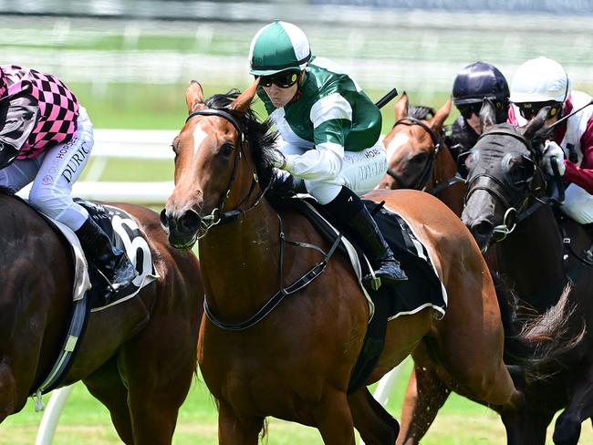 Two-year-old filly Sunrays maintains her unbeaten record with an impressive win at Doomben. Picture: Grant Peters, Trackside Photography.