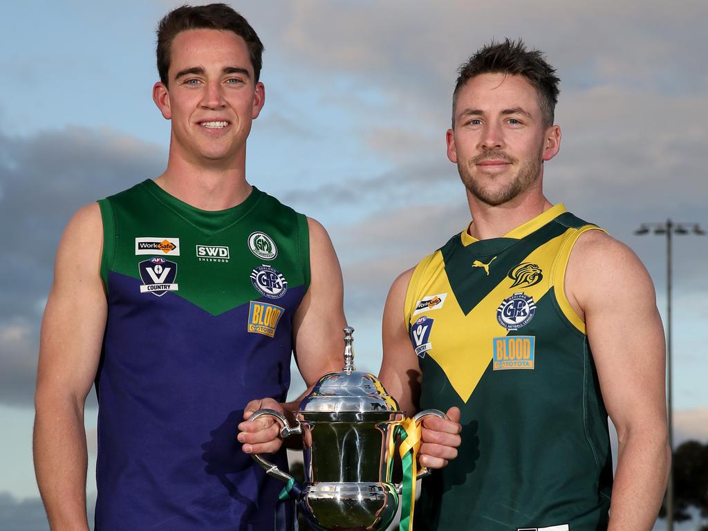 GFL Grand Final captains. Football Captains Jack Blood of St Mary's and Marcus Thompson, Leopold. Picture: Mike Dugdale