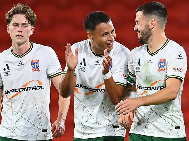 BRISBANE, AUSTRALIA - APRIL 13: Apostolos Stamatelopoulos of Newcastle celebrates with team mates after scoring a goal during the A-League Men round 24 match between Brisbane Roar and Newcastle Jets at Suncorp Stadium, on April 13, 2024, in Brisbane, Australia. (Photo by Albert Perez/Getty Images)