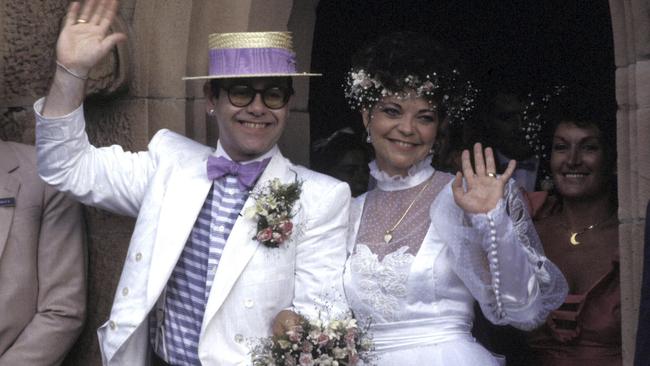 Elton John and Renate Blaulel at their Sydney wedding in 1984. Blaulel is suing Sir Elton claiming he breached an agreement not to discuss their marriage in public with the publication of his autobiography and the 2019 film Rocketman. Picture: Patrick Riviere/Getty Images)