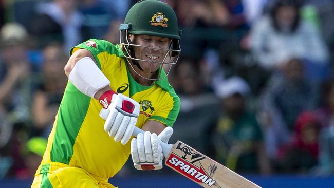 Australia's batsman David Warner plays a shot during the 2nd T20 cricket match between South Africa and Australia at St George's Park in Port Elizabeth, South Africa, Sunday, Feb. 23, 2020. (AP Photo/Themba Hadebe)