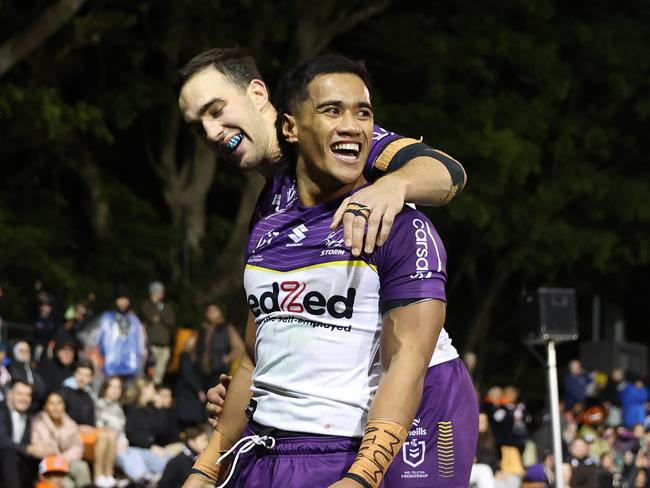 Storm are spoiled for choice at fullback, with Sualauvi Faalogo scoring two tries from the bench. Picture: Getty Images