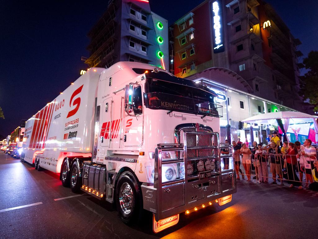 A convoy of trucks arrives in Darwin's CBD to announce the arrival of the Supercars for the round at Hidden Valley Raceway. Picture: Che Chorley