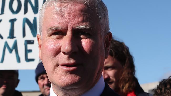 Deputy PM Michael McCormack meeting with protesters at Parliament House in Canberra. Picture: Kym Smith