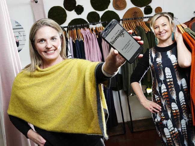 Creator of website buyfromtasmania.com.au, Janelle Larkin with owner of shop The Spotted Quoll Studio, Tamika Bannister are encouraging Tasmanian shoppers to buy local first. Picture: ZAK SIMMONDS