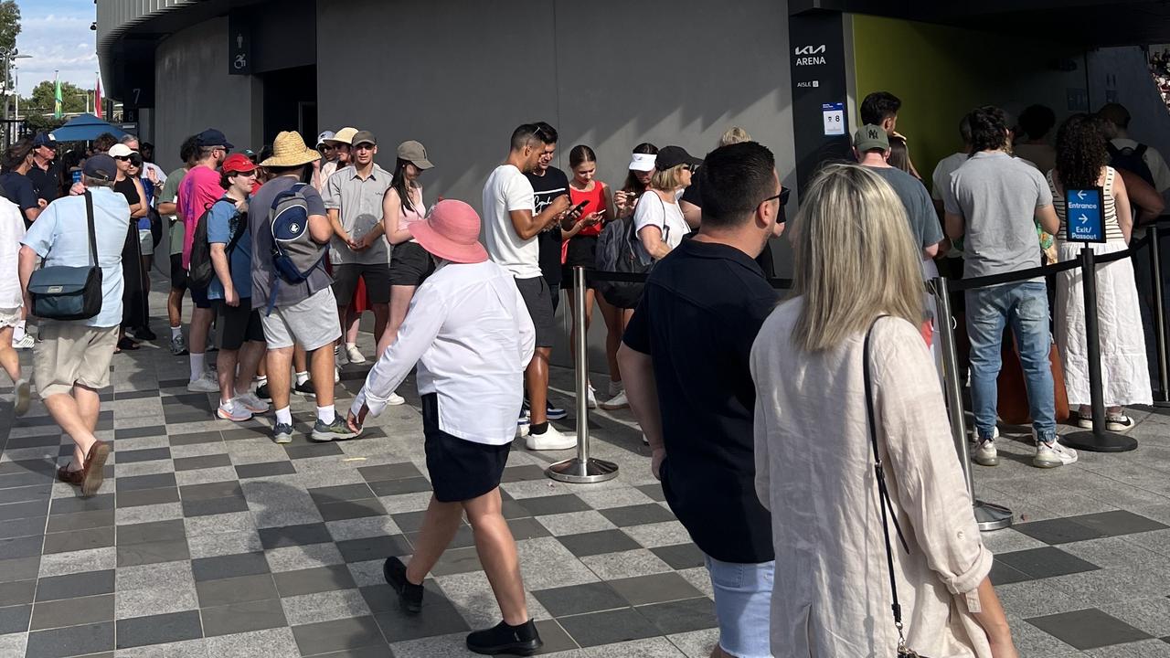 There were queues of people waiting to get into Kia Arena to see Kokkinakis on Monday. Picture: news.com.au