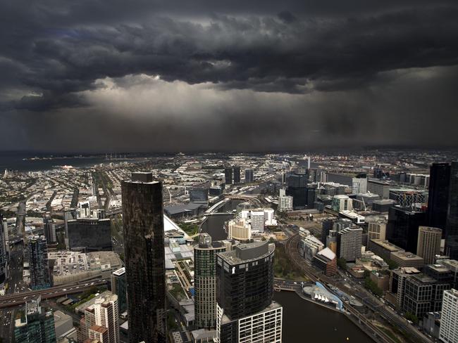 The view from the Eureka Skydeck as the thunderstorm asthma storm front rolls across Melbourne Picture: Norm Oorloff