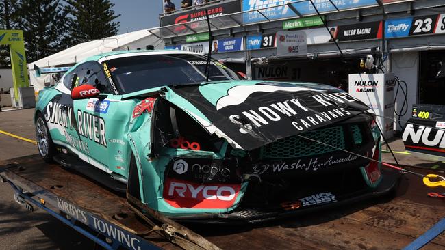 James Courtney's damaged Tickford Racing Ford Mustang at the Supercars season opener at Newcastle. Photo: Supplied / Mark Horsburgh