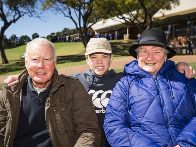 Ken and Charmaine Ezzy with grandson George Gladman watch George's brother Henry play on Grammar Downlands Day at Toowoomba Grammar School, Saturday, August 19, 2023. Picture: Kevin Farmer