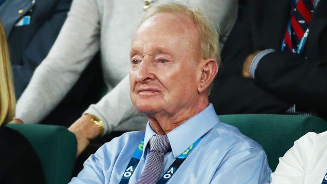 Tennis legend Rod Laver watches from his seat in the front row of Rod Laver Arena