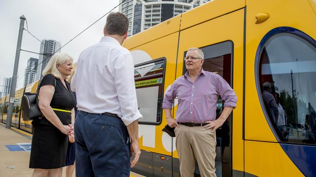 PM Scott Morrison visiting the Broadbeach South light rail station (G:link) station, to announce further light rail funding. Picture: Jerad Williams.