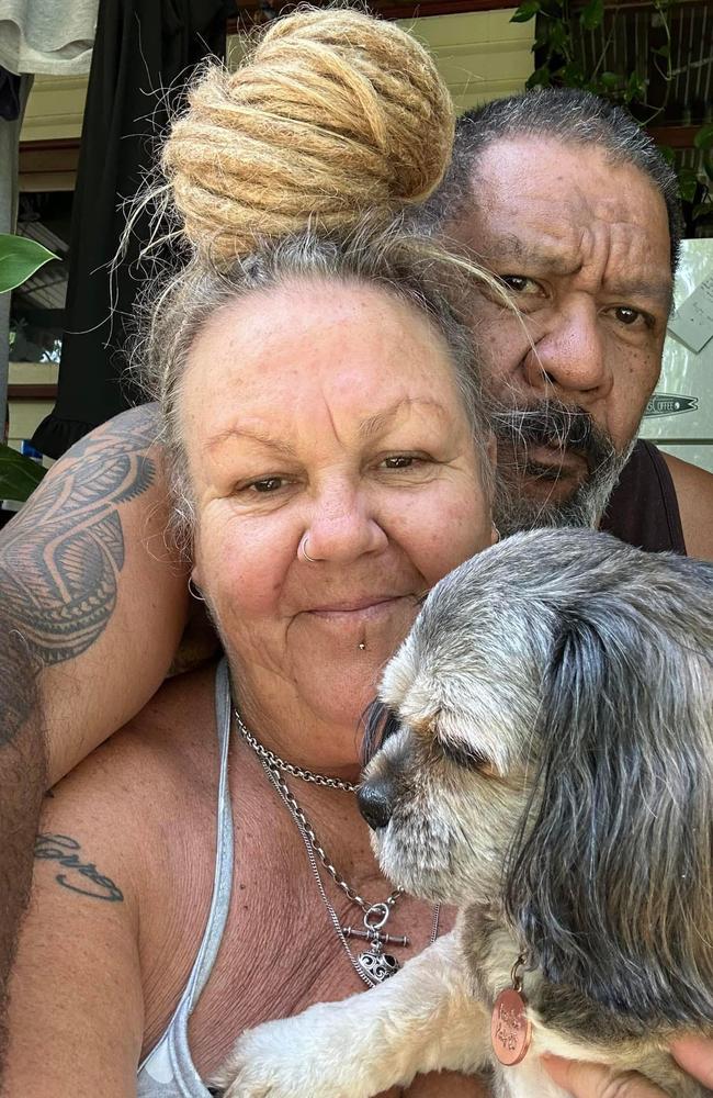 Susan George and Dwayne Drummond, both now 59, pictured with 10-year-old Bamz the dog, had to move house three times between 2020 and 2023 after the homes they were renting on North Stradbroke Island were sold. The pair were left homeless so lived in a van for 18 months before giving up and moving to the mainland. Picture: Supplied